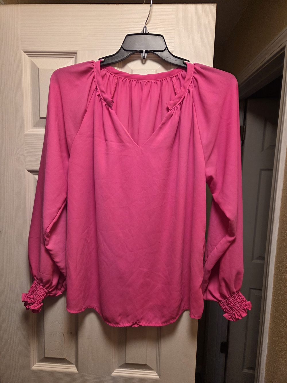 Women's Hot Pink Long-Sleeve V-Neck Blouse